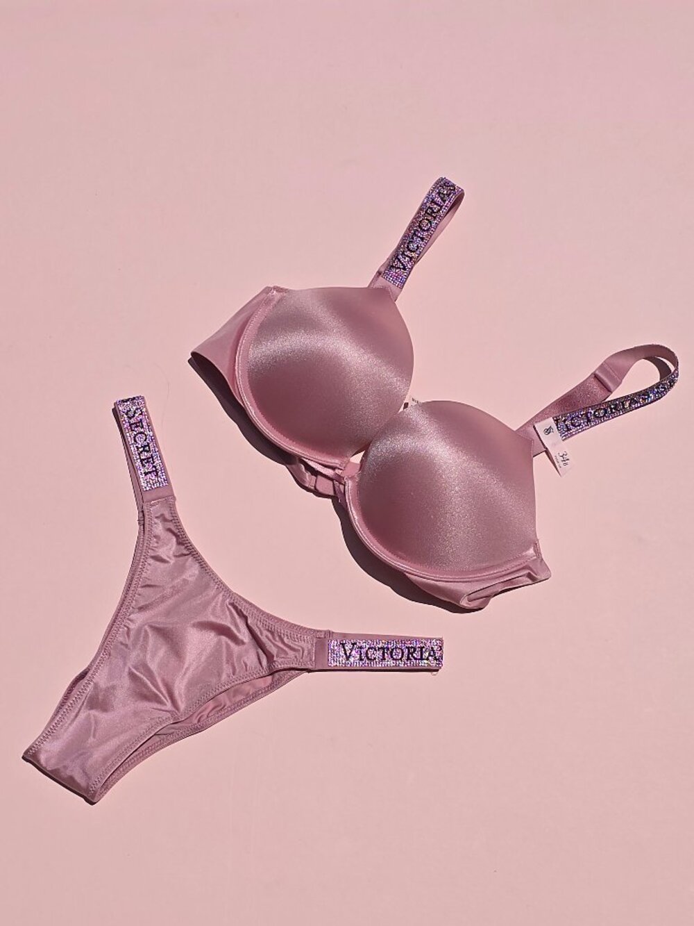 Victoria's Secret Shine Strap Bombshell Push Up Bra Dusk Rose Brazilian Set NWT